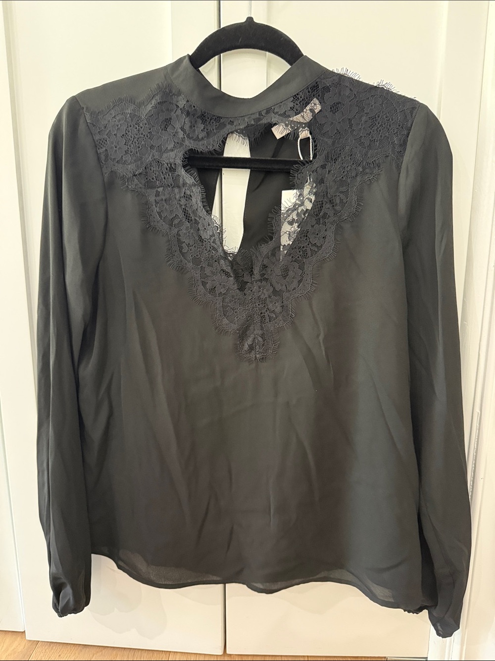 Wayf Black Lace-Trim Keyhole Blouse NWT